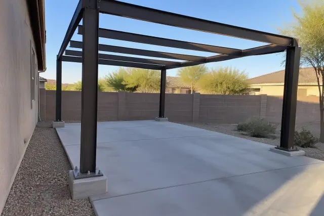 Freestanding metal carport posts anchored to concrete footings in Gilbert, AZ.