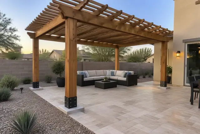 Freestanding open-lattice wood pergola over a backyard paver deck in Gilbert, AZ.