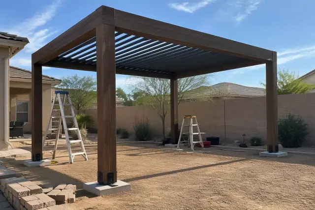 Freestanding pergola installation with timber posts in a Gilbert, AZ backyard.