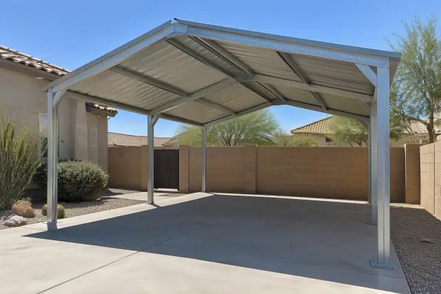 Galvanized steel carport installed at a suburban home driveway in Gilbert, AZ.