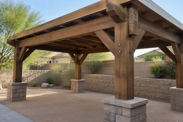 Heavy timber ramada construction in a Gilbert, AZ backyard with a split-face block retaining wall.