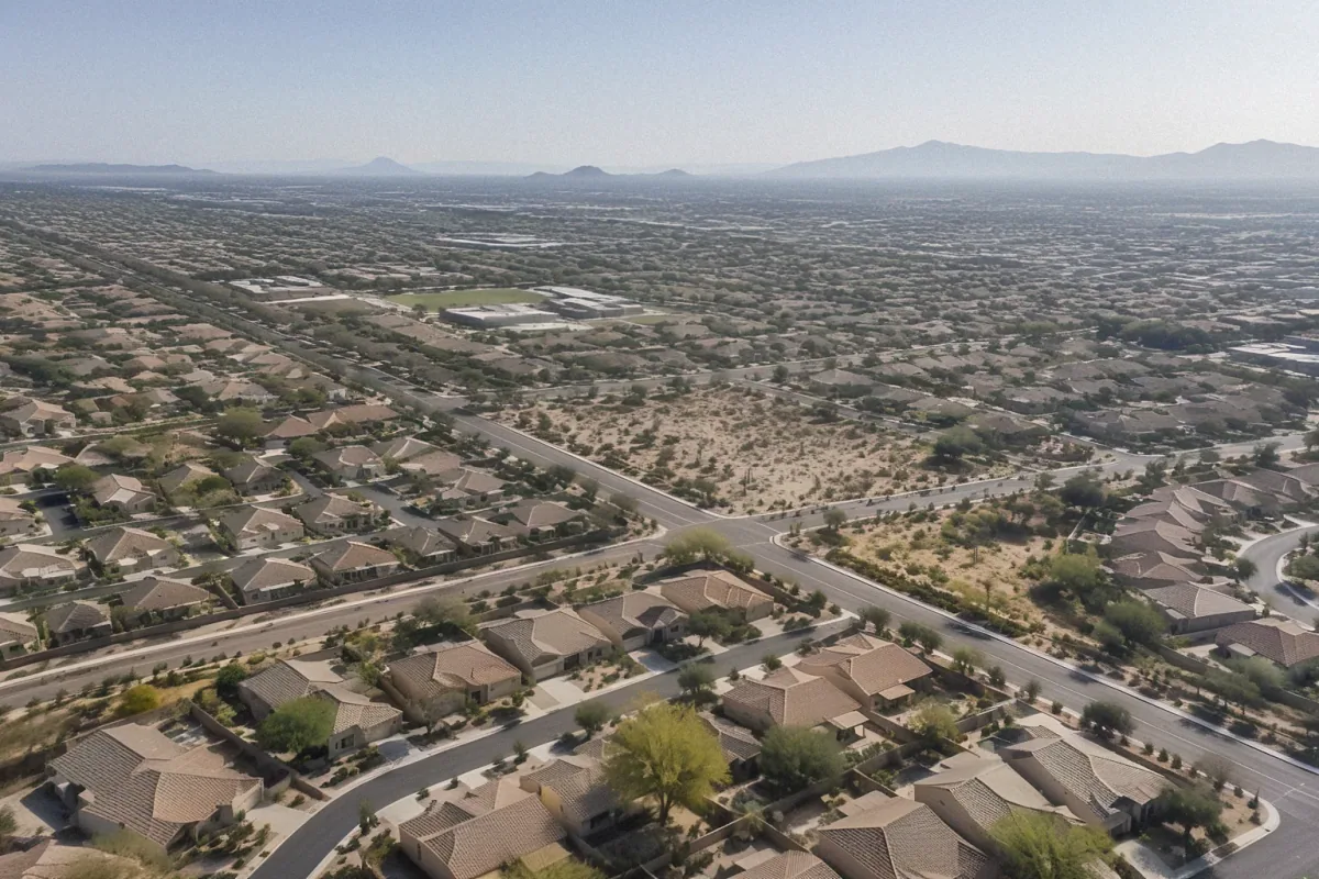 Aerial drone photo of suburban residential neighborhoods, desert landscaping, and stucco homes in Gilbert, AZ.