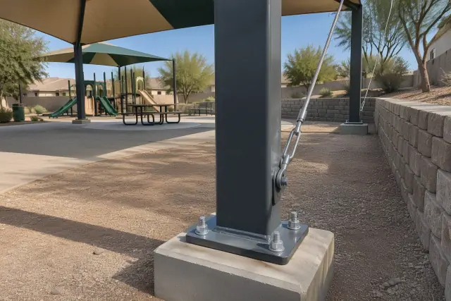 HOA park shade structure progress photo in Gilbert, AZ, showing steel columns bolted to a concrete footer.
