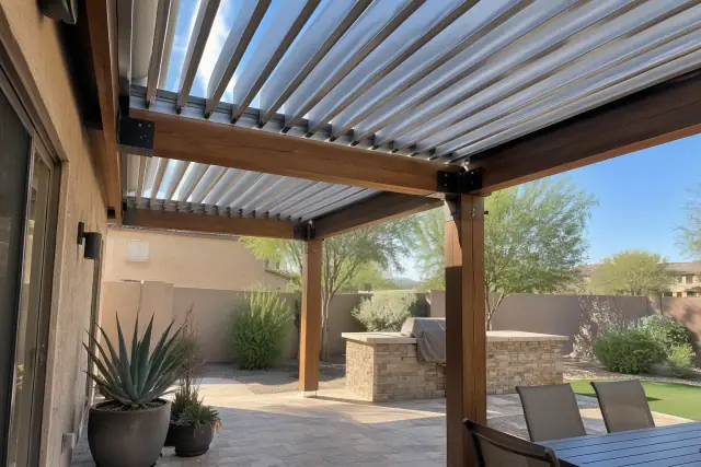 Louvered roof installation in Gilbert, AZ, showing aluminum louvers on a timber beam patio.