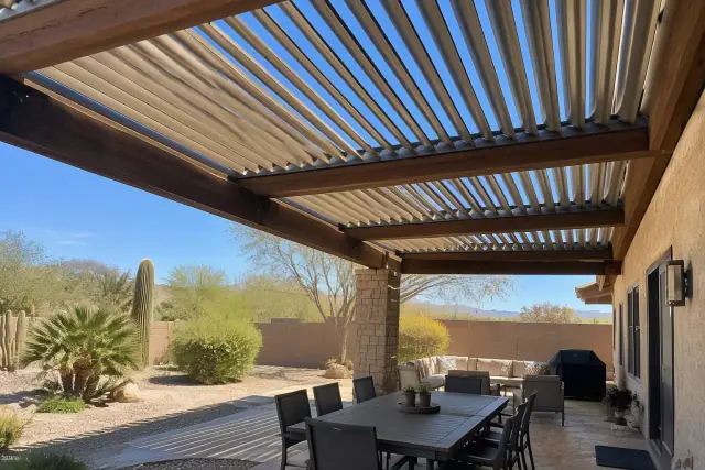 Louvered roof installation with adjustable aluminum blades on timber beams over a stone patio in Phoenix, AZ.