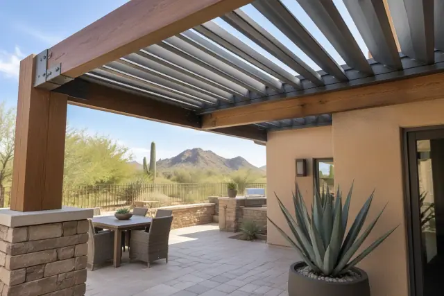 Adjustable aluminum louvered roof installed on a timber frame patio in Scottsdale, AZ.