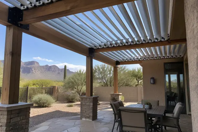 Louvered aluminum shade system installed on timber beams over a stone patio in Apache Junction, AZ.