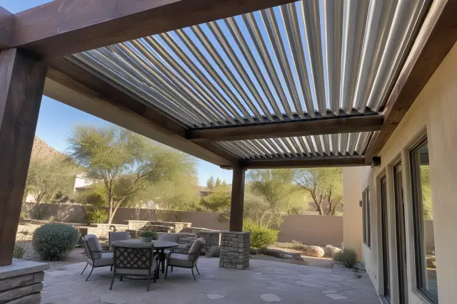 Adjustable louvered roof installation on a timber patio in Tempe, AZ.