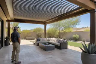 Adjustable aluminum louvered roof over a travertine paver patio in Gilbert, AZ.