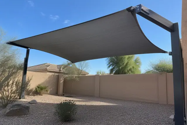 Marine-grade shade fabric on a cantilever structure at a residential property in Gilbert, AZ.