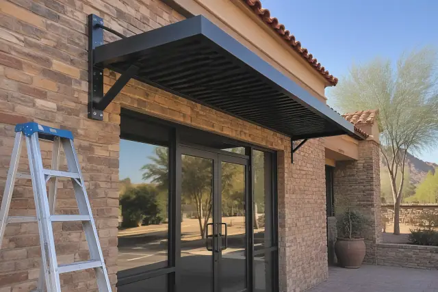 Metal awning installation above a commercial storefront entrance in Paradise Valley, AZ.