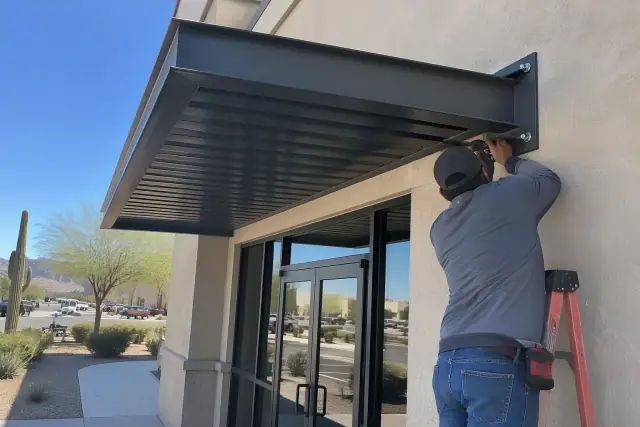 Metal awning installation on a stucco wall with desert landscaping in Apache Junction, AZ.