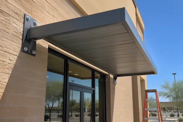 Metal awning installation over a commercial storefront exterior wall in Chandler, AZ.