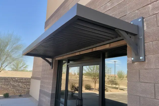 Metal awning installation with heavy-duty brackets on a commercial brick wall in San Tan Valley, AZ.
