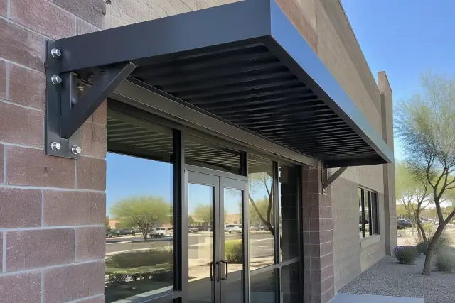 Metal awning installation on a commercial brick storefront in Queen Creek, AZ.