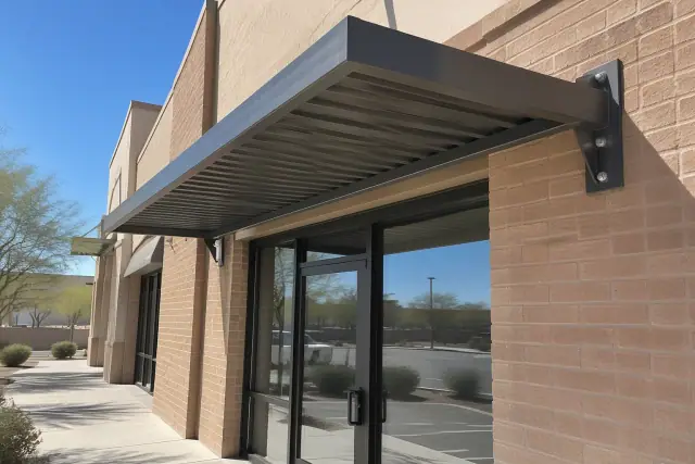Metal awning installed above a commercial brick storefront entrance in Phoenix, AZ.
