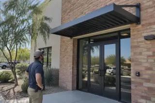 Service professional observing an extruded aluminum canopy over a storefront in Gilbert, AZ.