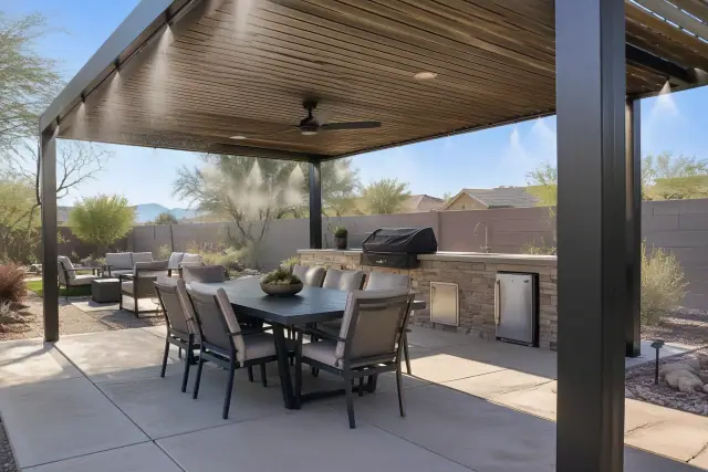 Misting and built-in conveniences on a concrete patio in Gilbert, AZ.