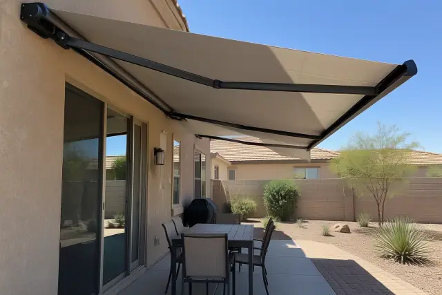 Motorized retractable awning mounted on a residential stucco wall in Gilbert, AZ.