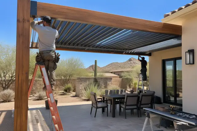 Motorized louvered roof installation on a backyard patio in Gilbert, AZ.