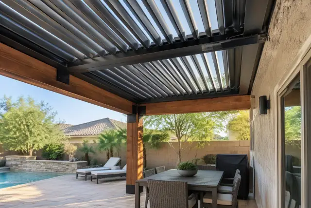 Motorized louvered roof installation on a pergola with travertine pavers in Gilbert, AZ.