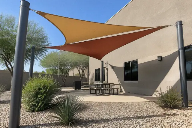 Commercial shade sail installation with overlapping triangular fabric membranes in Gilbert, AZ.