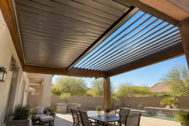 Adjustable aluminum louvered pergola roof with split-bay open and closed blades on a timber frame in Gilbert, AZ.