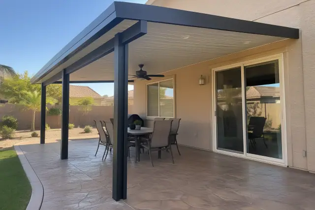 Patio cover and pergola installation in a residential backyard in Gilbert, AZ.