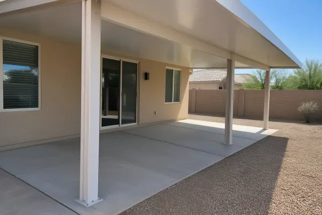 Aluminum posts bolted to a concrete patio slab during a patio cover installation in Chandler, AZ.