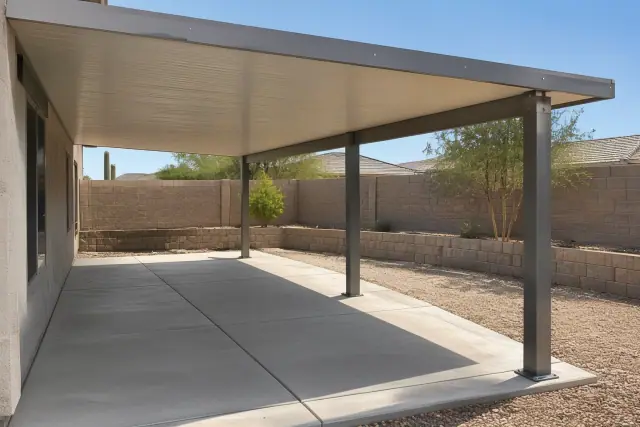 Patio cover installation with solid insulated roof panels on aluminum posts in Queen Creek, AZ.