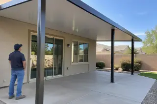Worker doing a final inspection of a completed solid insulated patio cover in Gilbert, AZ.