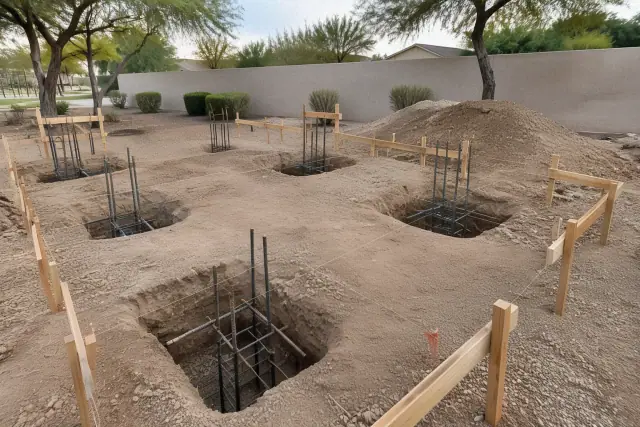 Excavated footing holes with rebar cages for a pergola layout in Gilbert, AZ.