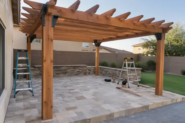 Freestanding wood pergola being installed over a backyard paver deck in Gilbert, AZ.