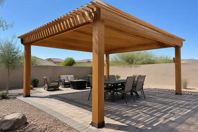 Freestanding wood pergola over a backyard paver deck in San Tan Valley, AZ.