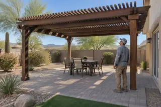 Service professional inspecting a finished wood pergola over a paver patio in Gilbert, AZ.