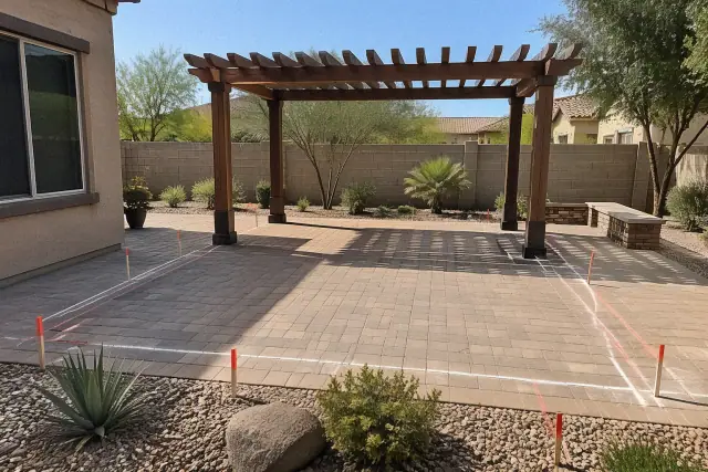 Pergola site plan layout with staking and dimension lines on a paver deck in Gilbert, AZ.