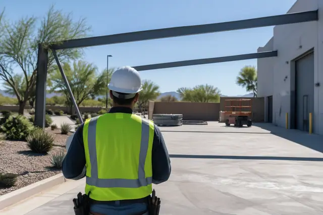 Shade Structures professional working in a sunlit courtyard in Gilbert, AZ.