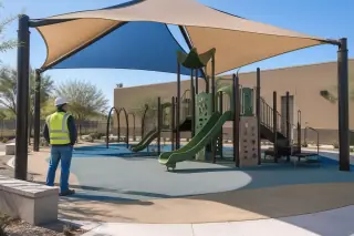 Worker observing finished multi-sail curved hip canopy over a playground in Gilbert, AZ.