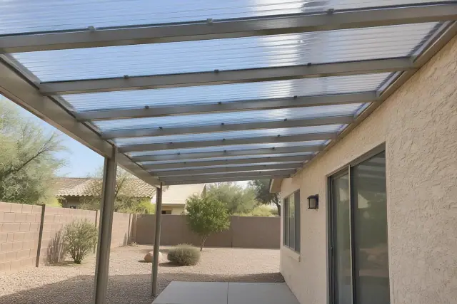 Translucent polycarbonate patio cover roof panels installed on aluminum rafters in a Gilbert, AZ backyard.