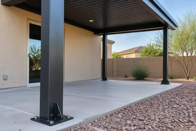 Powder-coated steel ramada posts secured to a concrete slab with heavy-duty brackets in a Gilbert, AZ backyard.