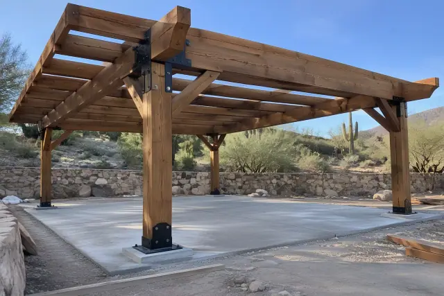 Heavy timber post and beam pavilion frame construction with steel gusset plates in Paradise Valley, AZ.