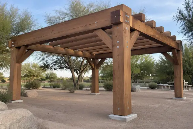Heavy timber post and beam pavilion frame in a Gilbert, AZ public park.