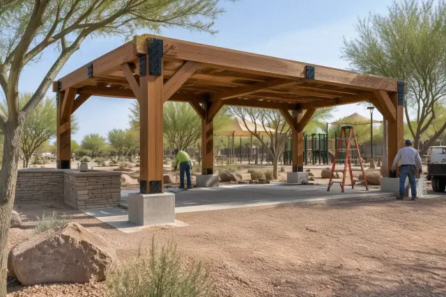 Commercial shade structure pavilion construction at a public park recreation zone in Gilbert, AZ.