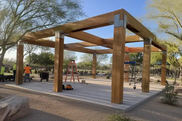 Heavy timber shade structure under construction by Ramada Construction in Tempe, AZ.