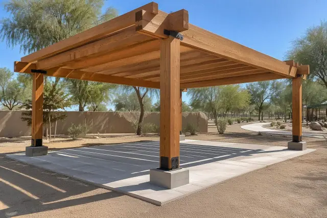 Heavy timber post and beam pavilion frame under construction in a public park in Chandler, AZ.