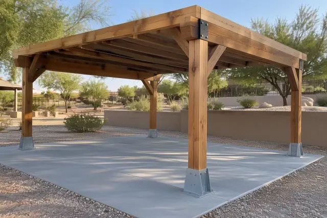 Heavy timber posts anchored with steel brackets on a concrete slab for an open-air pavilion in Scottsdale, AZ.