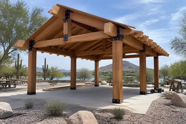 Ramada Construction timber post and beam pavilion frame in a Fountain Hills, AZ park.