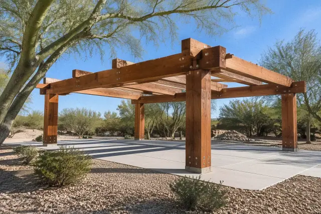 Heavy timber post and beam shade structure under construction in Mesa, AZ, framed by a desert palo verde tree.
