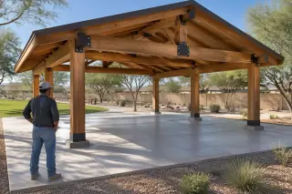 Service professional observing finished timber beams and swept concrete in Gilbert, AZ.