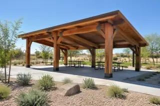 Heavy timber post and beam pavilion frame in a public park in Gilbert, AZ.